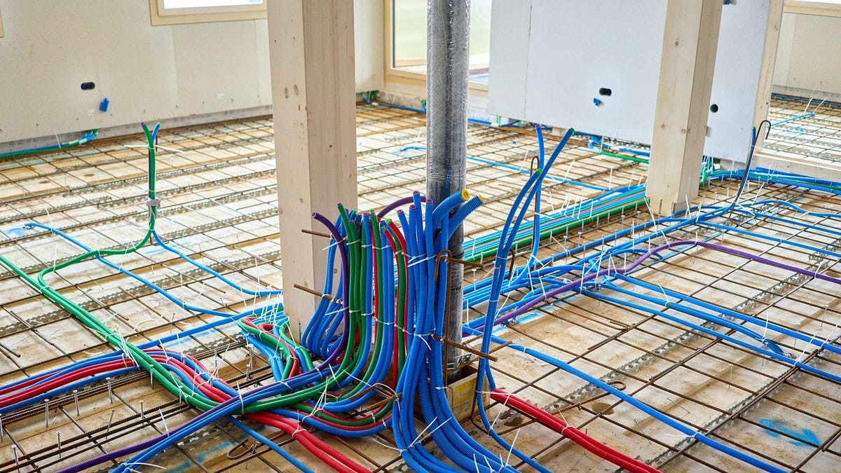 Bundles of cables running through a building site